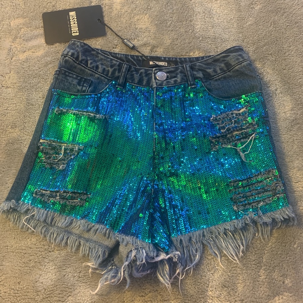 Missguided High Waisted Sequin Denim Jean Shorts